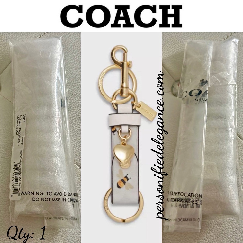 NEW Coach Signature Coated Canvas Leather Chalk Bee Print Trigger Snap Bag Charm